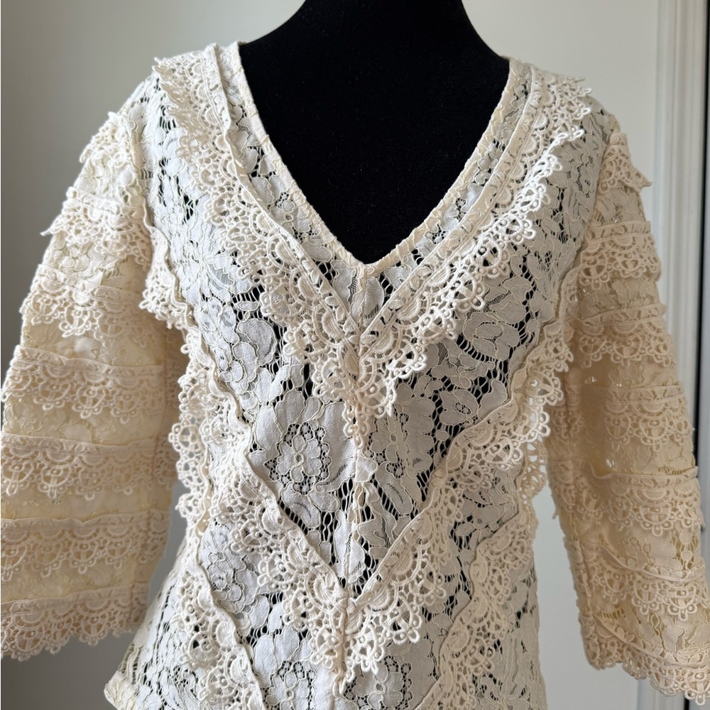 Tracy Reese Ivory Lace Blouse XS/S | Romantic Boho V-Neck Top - Picture 8 of 12
